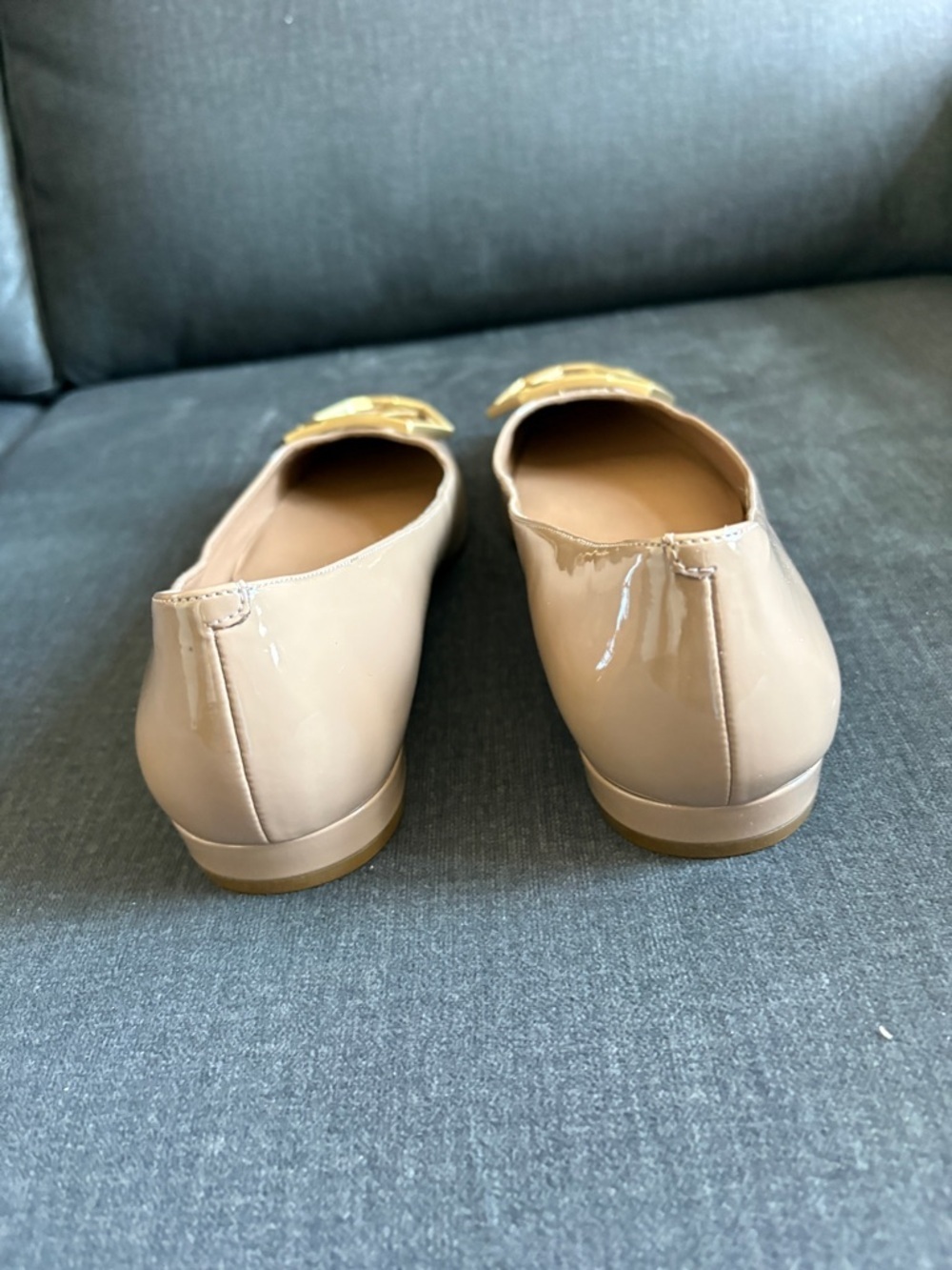 Nine West Beige Patent Leather Low Heel Flats with Gold Geometric Accent - Picture 5 of 8